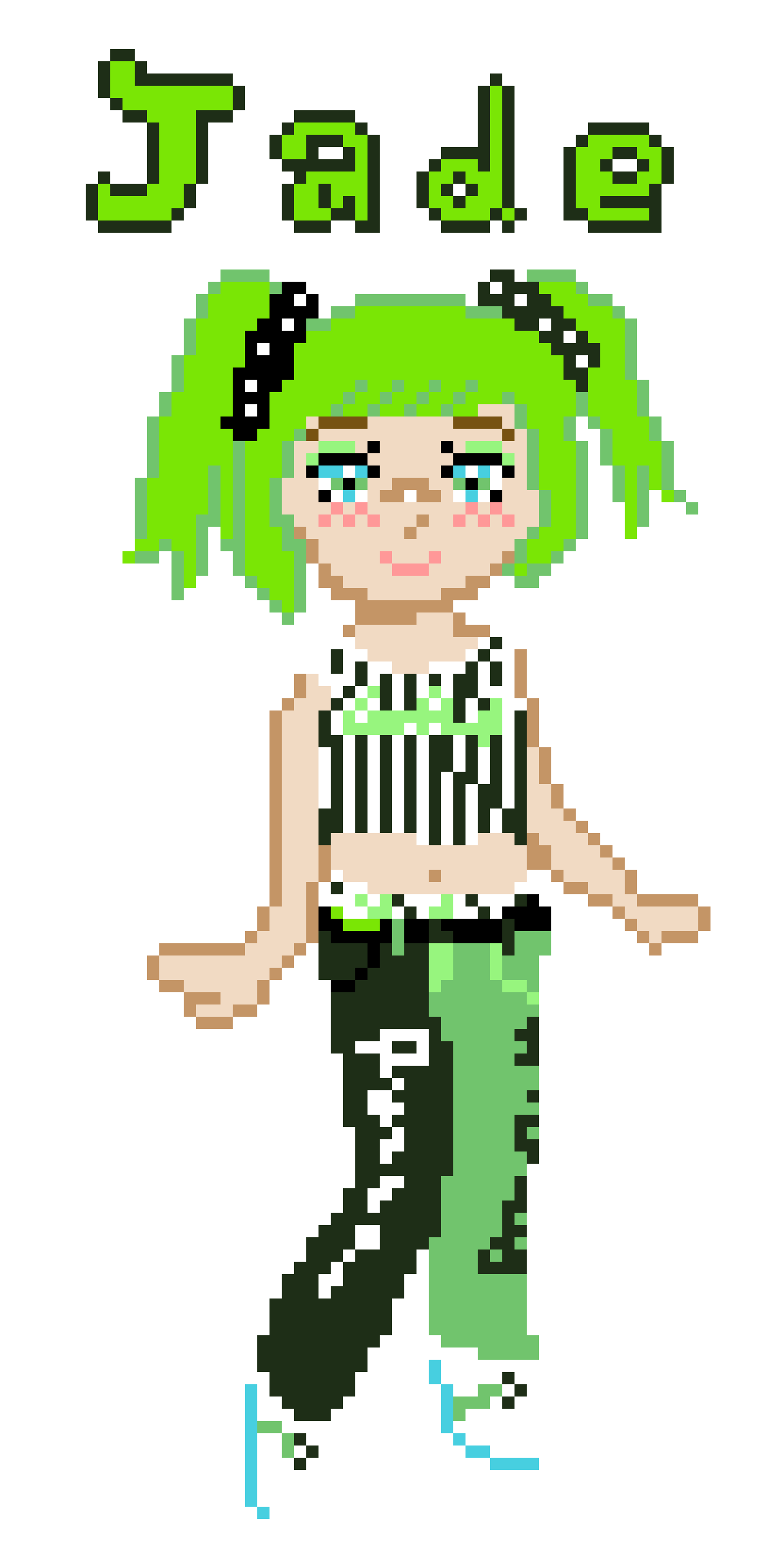Pixel art drawing of the Jade Hunter, a doll from the Rainbow high series. She is portrayed in her junior high first edition look, as a young girl. She has green hair tied in 2 pigtails with black scrunchies. She is wearing a black and white stripped crop top with illegible green writing. Her pants are two-tones, one leg is green while the other is black. 'Rainbow' is written on both legs in white and black. Her shoes are white sneakers, lined with teal. She is posing in a coy and playful manner. Above her, 'Jade' is written in bold green letters.